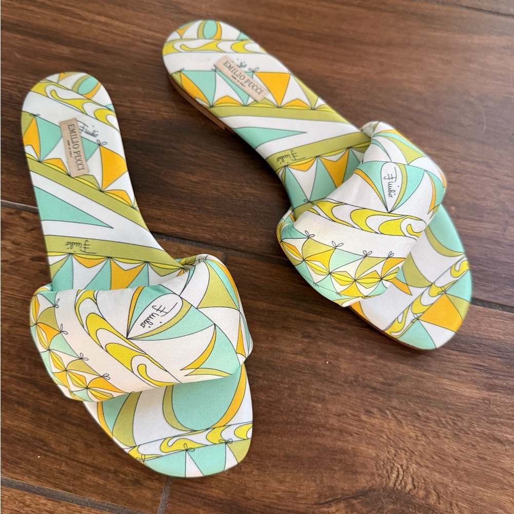 Emilio Pucci Multicolor Patterned Slide Sandals in Yellow, Mint & White